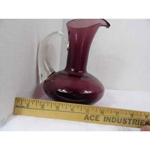 Vase Pitcher Amethyst Hand Blown Glass Pontil Purple Clear Handle 7.5" Tall MCM - Picture 10 of 16